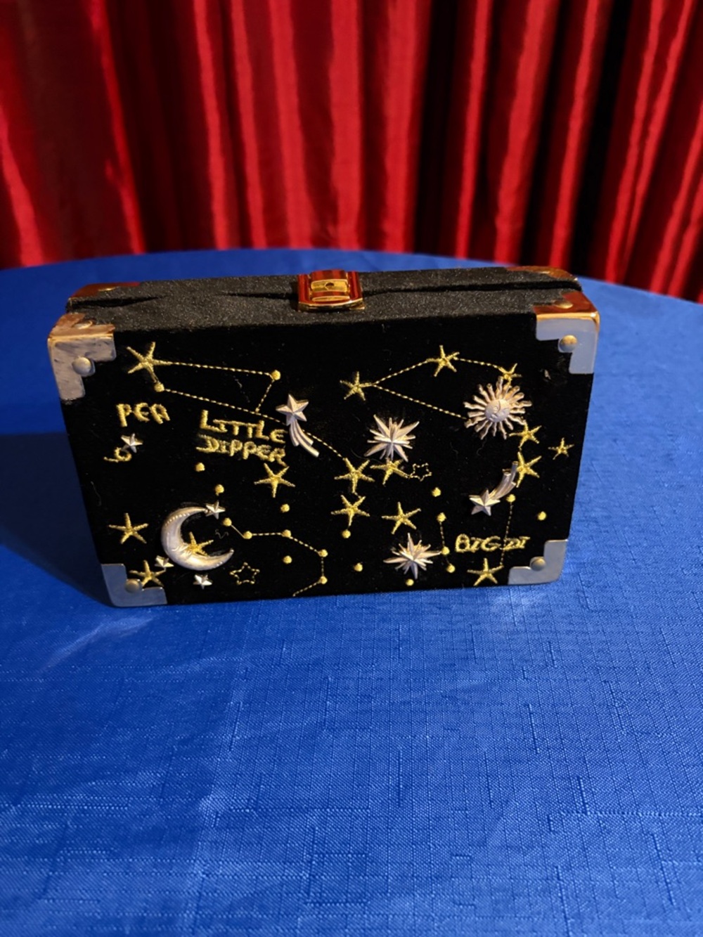 Embroidered Celestial Box Clutch - Black with Gold & Silver Stars